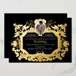 Eleganter Jugendstil Winter Schwarz Gold Hochzeit Folieneinladung