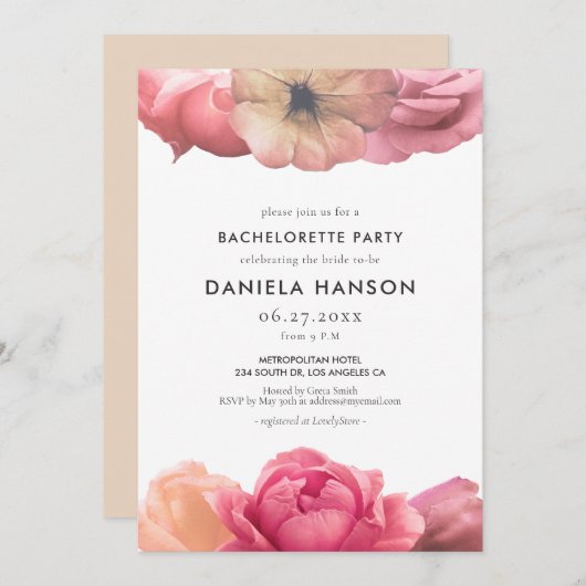 Eleganter Junggeselinnen-Abschied für Vintage Rose Einladung (Vorne/Hinten)