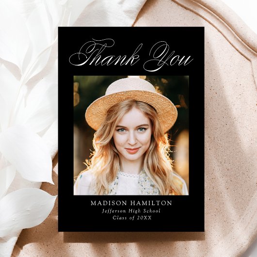 Eleganter Kalligrafie Black Foto Abschluss Dankeskarte