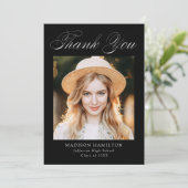 Eleganter Kalligrafie Black Foto Abschluss Dankeskarte (Stehend Vorderseite)