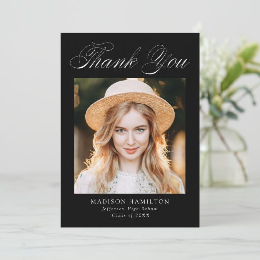 Eleganter Kalligrafie Black Foto Abschluss Dankeskarte (Stehend Vorderseite)