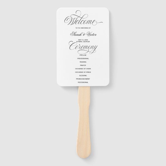 Eleganter Kalligrafie-Hochzeitsprogramm-Handfächer Fächer (Vorderseite)