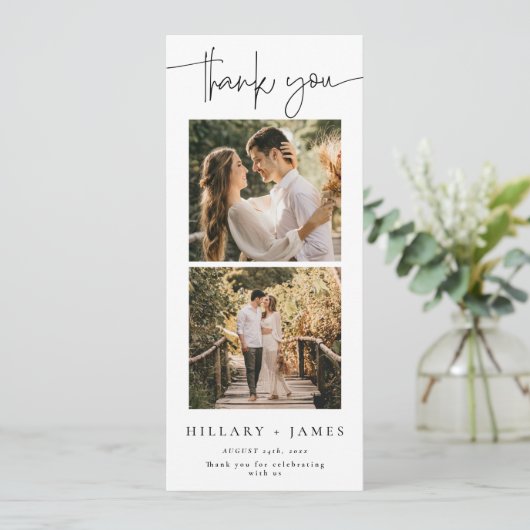 Eleganter Kalligraphie Foto Strip Danke Karte (Stehend Vorderseite)