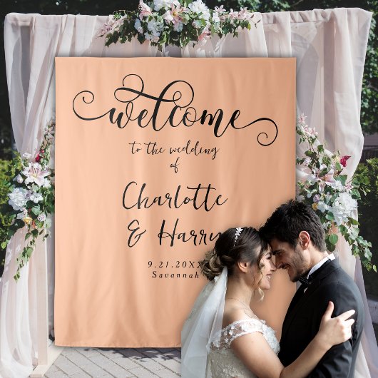 Eleganter Kalligraphie-Trendy Peach Wedding Hinter Wandteppich