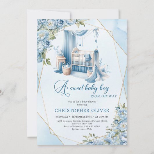 Eleganter Kalligraphieskript Baby Crib Blumenjunge Einladung (Vorderseite)