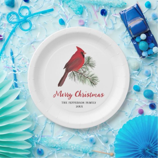Eleganter Kardinal Bird auf der Weihnachtskiefernm Pappteller (Party)