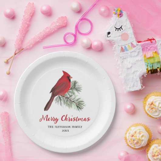Eleganter Kardinal Bird auf der Weihnachtskiefernm Pappteller (Party)
