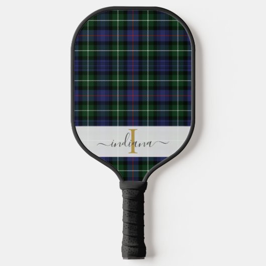 Eleganter Karierter Monogram Script Tartan Pickleball Schläger (Vorderseite)