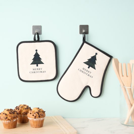 Eleganter Karierter Navy Blue und Green Weihnachts Ofenhandschuh & Topflappen-Set (Insitu (Hängend))