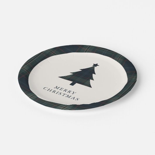 Eleganter Karierter Navy Blue und Green Weihnachts Pappteller (Schrägansicht)