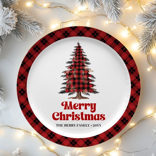 Eleganter Karierter Weihnachtsbaum personalisierte Pappteller