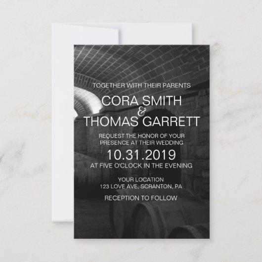 Eleganter Keller mit Schwarz-Weiß-Trauung Einladung (Vorderseite)