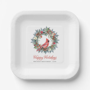 Eleganter Kiefernkranz Roter Kardinal Weihnachtsfe Pappteller