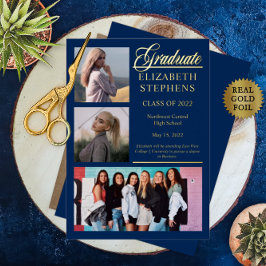 Eleganter Klasse 3 Foto Graduate Abschluss Blau Folieneinladung