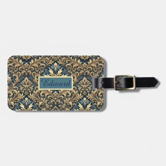 Eleganter Klassiker in Blau und Gold personalisier Gepäckanhänger (Vorderseite horizontal)