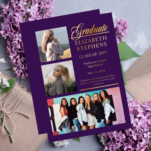 Eleganter Klassiker Lila Abschluss 3 Foto Folieneinladung