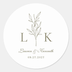 Eleganter klassischer Blattmonogramm-Hochzeit Oliv Runder Aufkleber