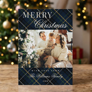 Eleganter klassischer blauer Karo-Weihnachtsgruß m Feiertagskarte