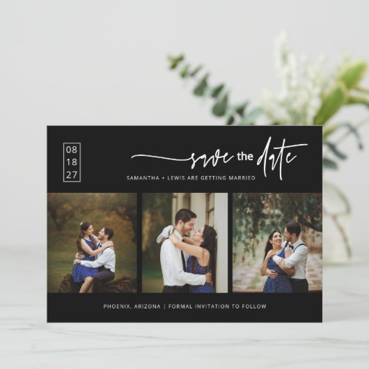 Eleganter klassischer Foto mit schwarzem Save the  Einladung (Stehend Vorderseite)