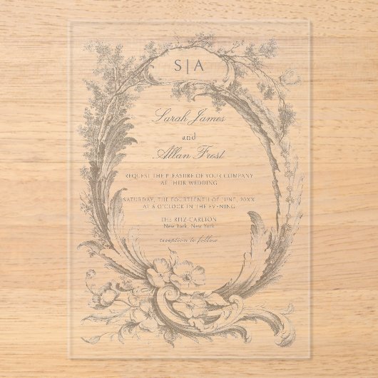 Eleganter klassischer französischer Rokoko Floral Acryleinladungen (Vorderseite)