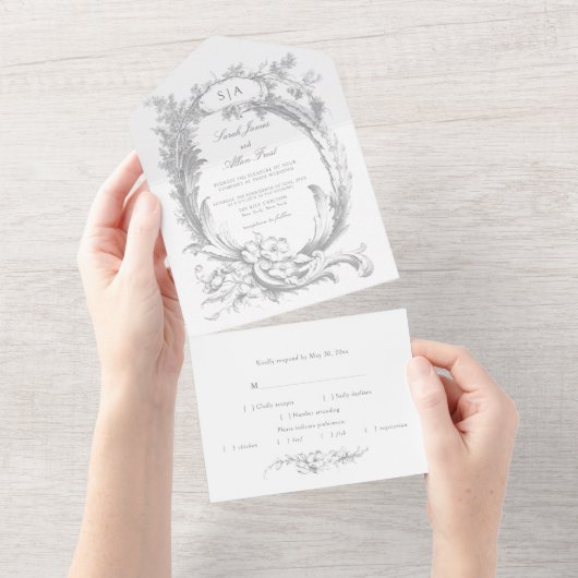 Eleganter klassischer französischer Rokoko Floral All In One Einladung (Abreißen)
