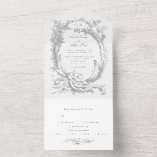 Eleganter klassischer französischer Rokoko Floral All In One Einladung (Innen Boden)