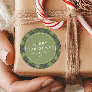 Eleganter klassischer grüner Karo Frohe Weihnachte Runder Aufkleber