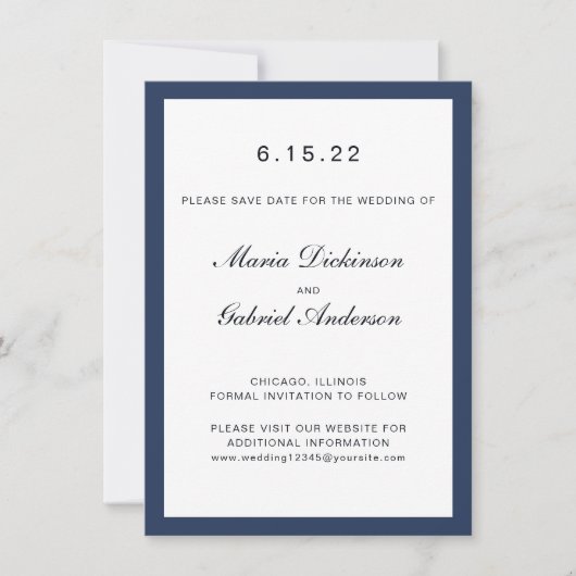 Eleganter klassischer Navy Blue Frame. Hochzeit Save The Date (Vorderseite)