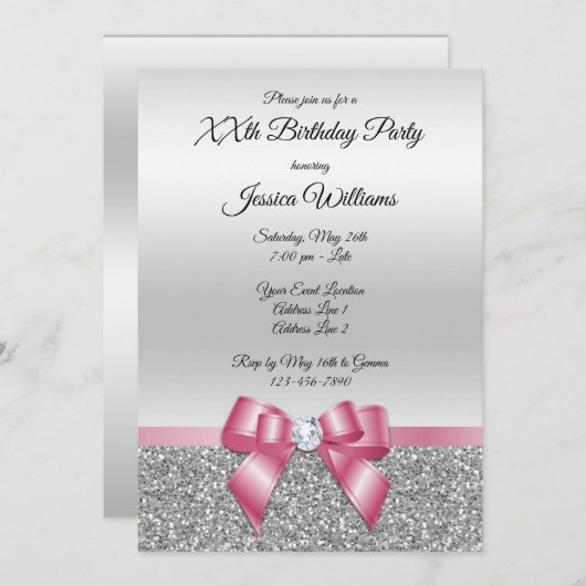 Eleganter klassischer Pink Bow & Silver Glitzer Ge Einladung (Vorne/Hinten)