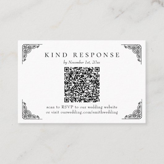Eleganter klassischer QR Code Hochzeit RSVP-Karte Visitenkarte (Vorderseite)