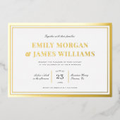 Eleganter klassischer Rahmen Hochzeitsweiß + Gold Folieneinladung (Vorderseite)