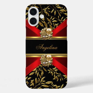 Eleganter klassischer Red Black Damask Jewel iPhone 16 Plus Hülle