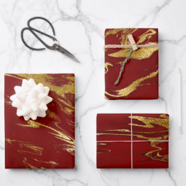 Eleganter klassischer Rot- und Goldmarmor-Look Geschenkpapier Set