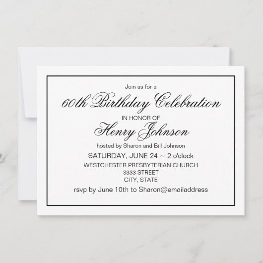 Eleganter klassischer Schwarz und Weiß 60. Geburts Einladung (Vorderseite)
