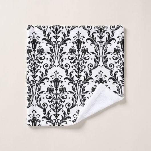 Eleganter klassischer schwarzer Floral Damask auf Badhandtuch Set (Waschlappen)