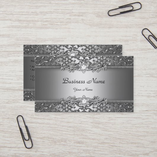 Eleganter klassischer Silver Gray Damask Embossed Visitenkarte (Vorderseite/Rückseite Beispiel)