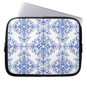 Eleganter Kobalt Blau und Weiße BlumenDamast Laptopschutzhülle