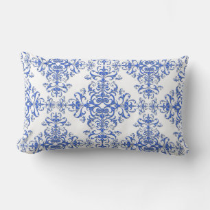 Eleganter Kobalt Blau und Weiße BlumenDamast Lendenkissen