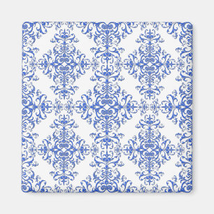Eleganter Kobalt Blau und Weiße BlumenDamast Magnet