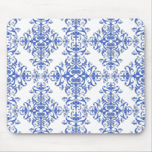 Eleganter Kobalt Blau und Weiße BlumenDamast Mousepad