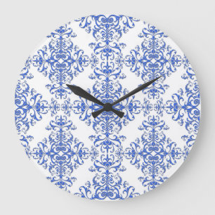 Eleganter kobaltblauer und weißer floraler Damast- Große Wanduhr