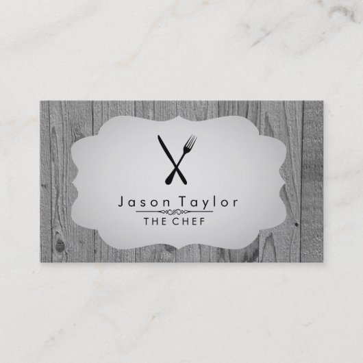 Eleganter Koch Catering Retro Knife Gabel Holz Gra Visitenkarte (Vorderseite)