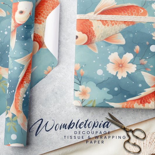 Eleganter Koi Fisch mit Cherry Blossom, Blau, Oran Geschenkpapier