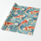 Eleganter Koi Fisch mit Cherry Blossom, Blau, Oran Geschenkpapier (Ungerollt)