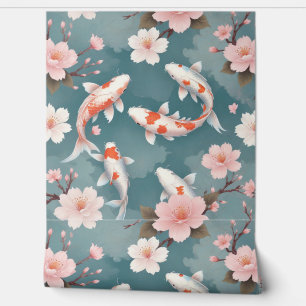 Eleganter Koi-Fisch schwimmt zwischen Kirschblüten Tapete