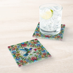 Eleganter Kolibri mit Buntglas-Effekt Glasuntersetzer