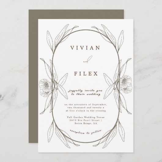 Eleganter Komfort Hochzeit mit grüner Blütenkapsel Einladung (Vorne/Hinten)