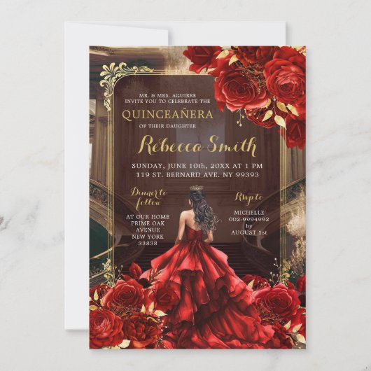 Eleganter Königspalast Bright Rote Rosen Quinceañe Einladung (Vorderseite)