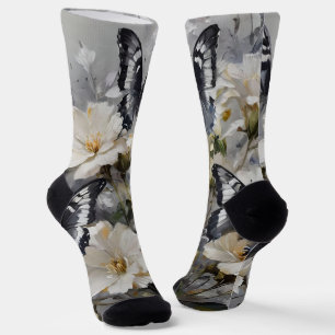 "Eleganter Kontrast: Schwarz-Weiß-Schmetterlinge Socken