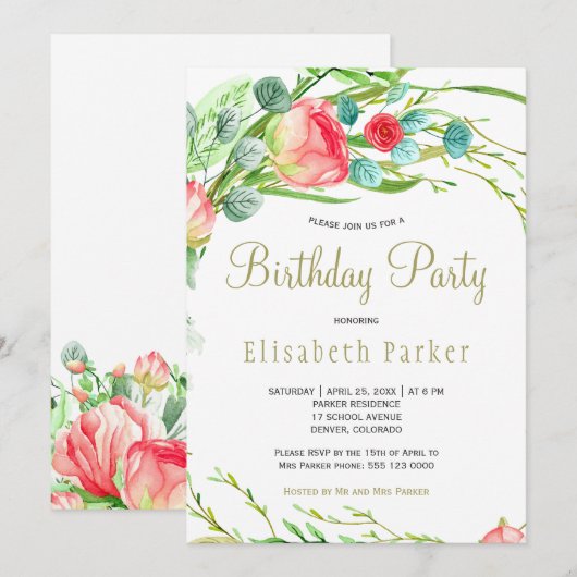 Eleganter Korallengarten aquamarine Rose Geburtsta Einladung (Vorne/Hinten)